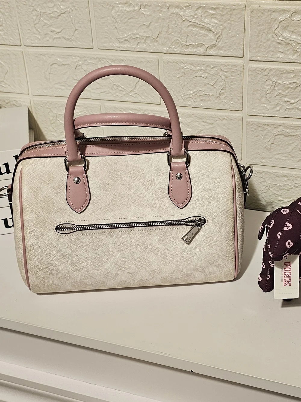 Coach Cream Canvas Dome Satchel with Pink Trim